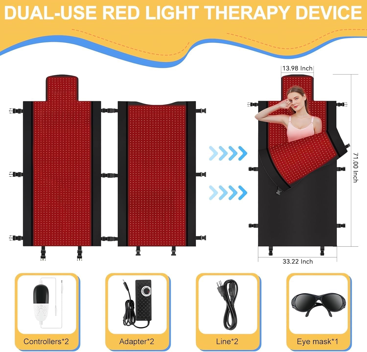 2024 New 3100Pcs Dual Wavelength LED Beads 660Nm&850Nm Red Light Therapy Mat Full Body Used to Relieve Pain 71''X 33''（Black）