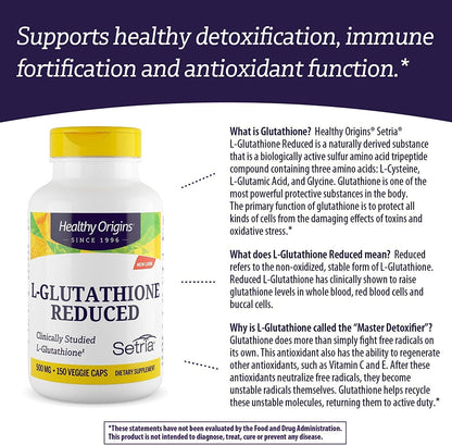 L-Glutathione (Setria) Reduced, 500 Mg - Immune Support Supplement - Collagen & Antioxidant Support - Gluten-Free Supplement - 150 Veggie Capsules